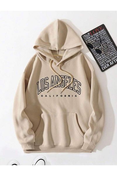 AFROGİYİM Unisex Los Angeles Beige εμπριμέ κουκούλα μεγάλου μεγέθους