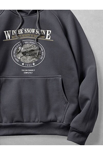 AFROGİYİM Unisex Winner Snow Printed Fleece Hooded Sweatshirt