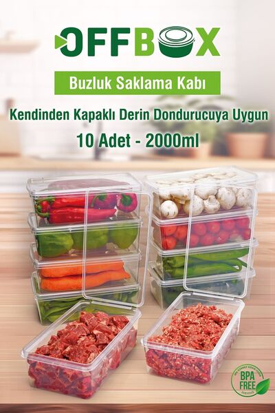 OFFBOX 10 Adet 2 Lt. Kendinden Kapaklı Derin Dondurucuya Uygun Saklama Kabı Düzenleyici