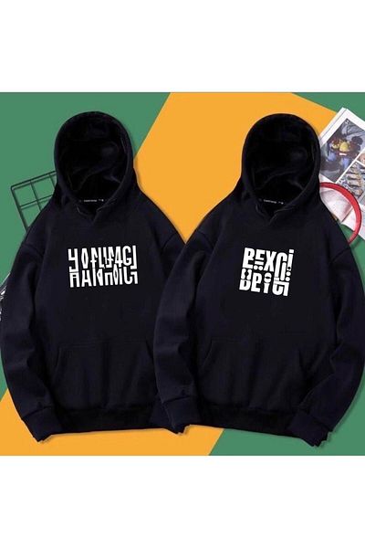 AFROGİYİM Unisex Πακέτο 2 Μαύρων Hanımcı Ve Beyci στάμπα Oversize Hoodie