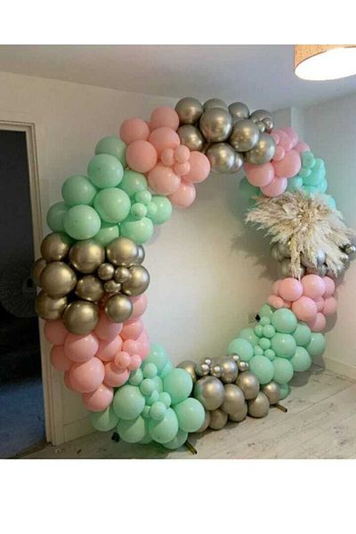 eğlencemarketi Chrome White Gold Macaron Mint Green And Macaron Pink Balloon Chain 100 Pieces