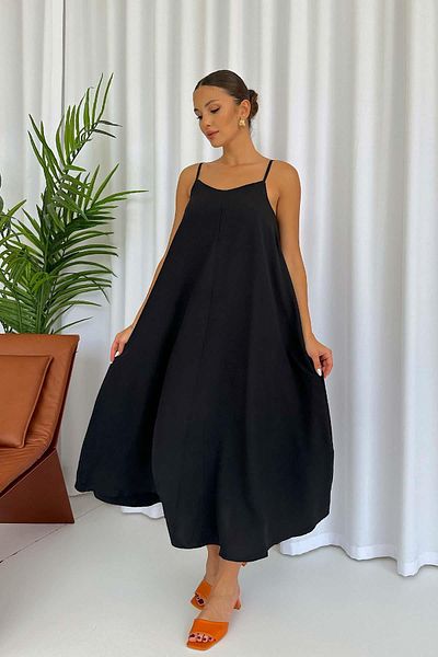 Mine Tan Butik Rochie lungă neagră cu decolteu în V - Bretele subțiri