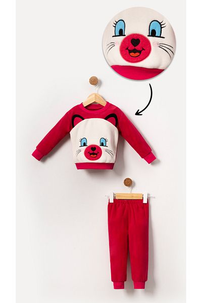Bubito Fleece Set with Cat Image for Baby Girl and Child - Red
