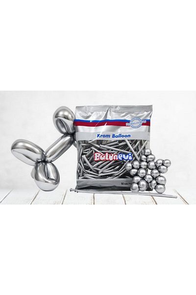 eğlencemarketi Silver Chrome Sausage Balloon 10 Pieces