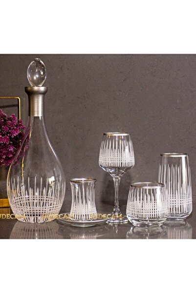 sudeka 31 Parça 6 Kişilik Üççember Gümüş El Dekor Kesme Cam Su Bardak Takımı,...
