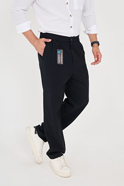 ESSİMA Ανδρικό παντελόνι με μπλε Navy Baggy Fit ελαστική μέση με διπλή πλισέ άνετο και κομψό υφασμάτινο παντελόνι