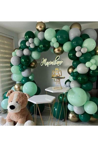eğlencemarketi Chrome Gold Pastel Dark Green Mint Green and Gray Balloon Chain 100 Pieces