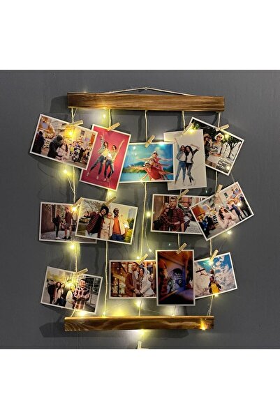 Xnews Ahşap Fotoğraf Çerçevesi Led Işıklı Ipli Mandallı Resim Askısı