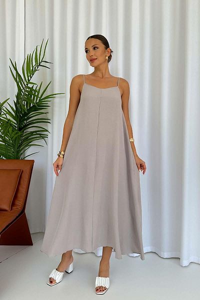 Mine Tan Butik Μακρύ φόρεμα με λεπτές τιράντες με V λαιμόκοψη - Γκρι