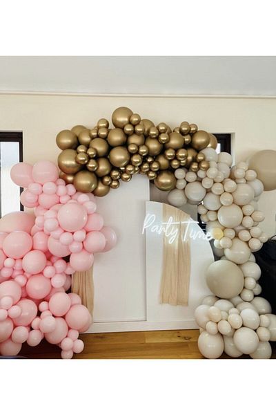 eğlencemarketi Chrome Gold Macaron Pink Pastel Sea Sand Balloon Chain 100 Pieces