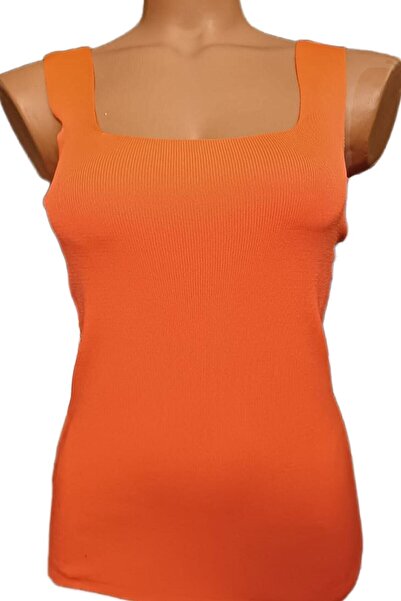 PEMBECİN Turuncu Kare Yaka Atlet Triko Bluz Crop S / M / L Beden Uyumlu