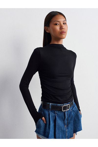 Dilvin Women's Side Gathered Long Sleeve Blouse-30504