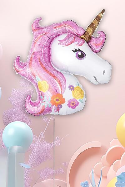 PEKSHOP Pembe Unicorn Çiçekli Büyük Folyo Balon 42inç Doğum Günü Balonu