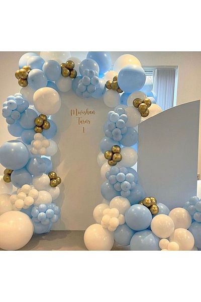 eğlencemarketi Chrome Gold Macaron Blue And White Balloon Chain 100 Pieces