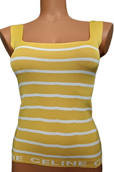 PEMBECİN Sarı Beyaz Çizgili Kare Yaka Atlet Triko Bluz Crop S / M / L Beden U...