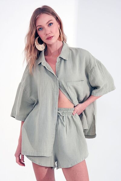 EDITION WOMAN Σετ 2 Πουκάμισα και Σορτς Olive Oversize - Πρόσθετο 1009596 -9596