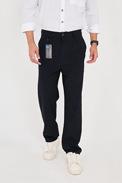 ESSİMA Ανδρικό παντελόνι με μπλε Navy Baggy Fit ελαστική μέση με διπλή πλισέ άνετο και κομψό υφασμάτινο παντελόνι