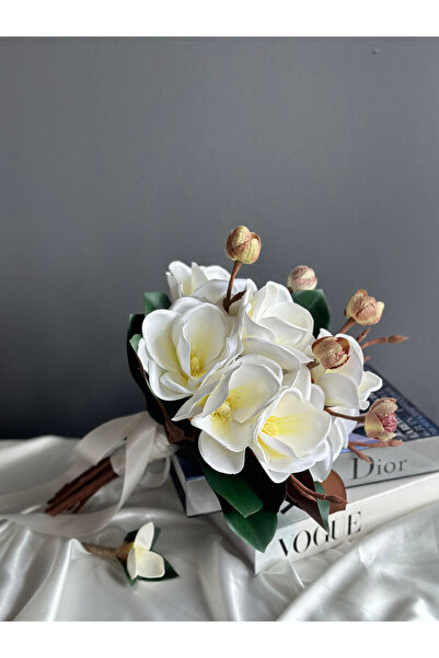 Luvienn Premium Manolya Gelin Çiçeği-Manolya Gelin Buketi-Damat Yaka Çiçeği 2 li Set