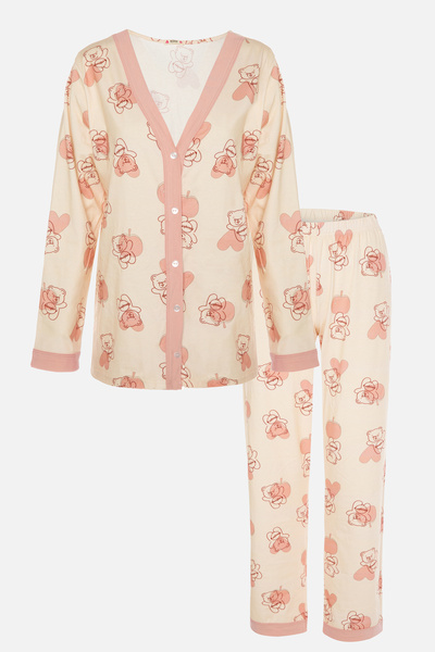 koza iç giyim Women's Powder Teddy Bear Patterned Band Detailed Buttoned Pajamas Set