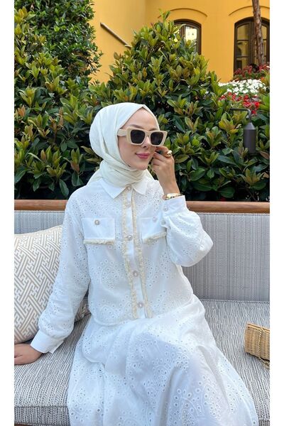 PİNK FLY Embroidery Lace Pearl 2-Piece Hijab Shirt and Skirt Set - White