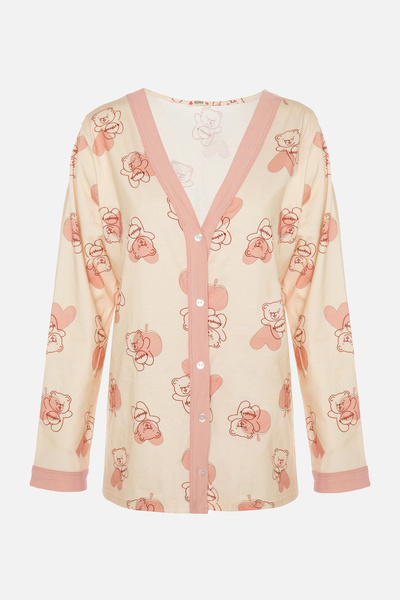 koza iç giyim Women's Powder Teddy Bear Patterned Band Detailed Buttoned Pajamas Set