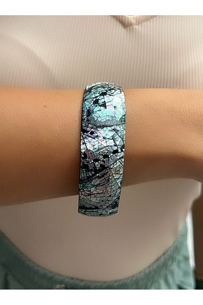 Kutcha Accessories Modern and Stylish Design - Black and Pearlescent Mosaic Patterned Wide Bracelet