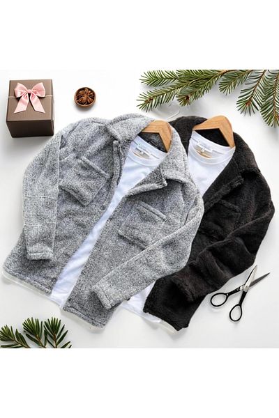 Fifty Color Πακέτο 2 Unisex Μαύρο και Γκρι Μελανζ βελούδινο πουκάμισο ζακέτα από φλις