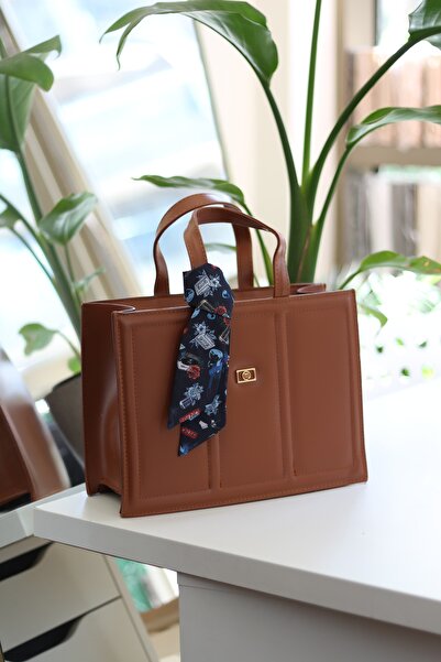 Moom Bag Tan Soft Leather Large Size Women's Shoulder Bag - Scarf Detailed