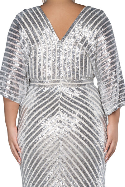 Arden Silver Colored Long Fish Sequin Sequined V-Neck Plus Size Evening Dress - Wedding and Graduation Dress 46-56