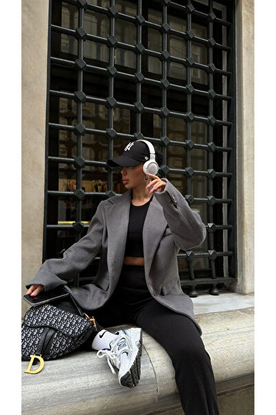 FMN Moda Oversize Stamp Lined Single Button μεσαίου μήκους Equivalent Blazer Jacket