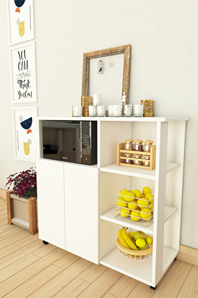 MERETTO Mikrodalga Fırın Dolabı Çok Amaçlı Çekmeceli Kapaklı Beyaz Dolap Raflı Midi Kahve Köşesi