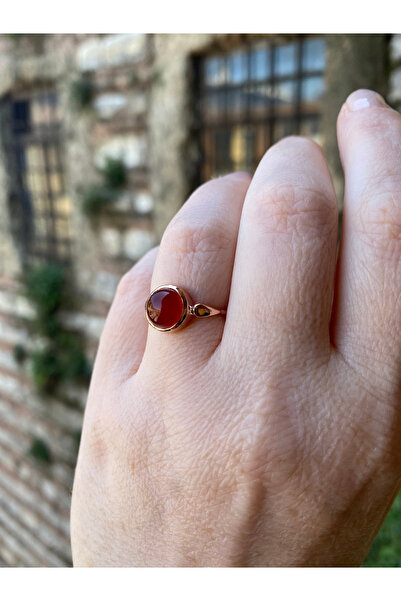 By Atölye Doğal Akik Taşlı Yuvarlak Gümüş Yüzük