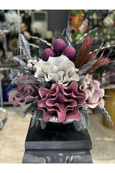 TASARIMHMODA Vază plată argintie - cu aranjament de flori artificiale, nr:18