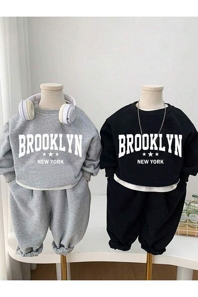 MORNİNG KİDS Pack of 4 Brooklyn Printed Crew Neck Girl-Boy Sweatshirt-Sweatpants Set