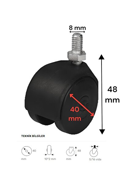 SGS Döner Vidalı Siyah 40'lık Küçük Plastik Dolap Sehpa Masa Mobilya Tekeri
