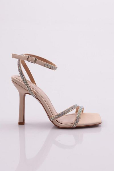 DGN Sandale cu toc cu curea la gleznă cu piatră argintie pentru femei, satin bej 313733210