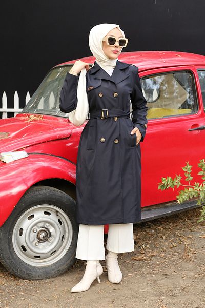 PİNK FLY Navy Blue Women's Hijab Trench Coat - Double Breasted Collar, Lined