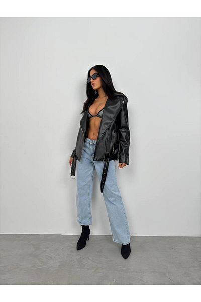 LB Laluna Butik Дамско байкерско кожено яке Oversize - С колан