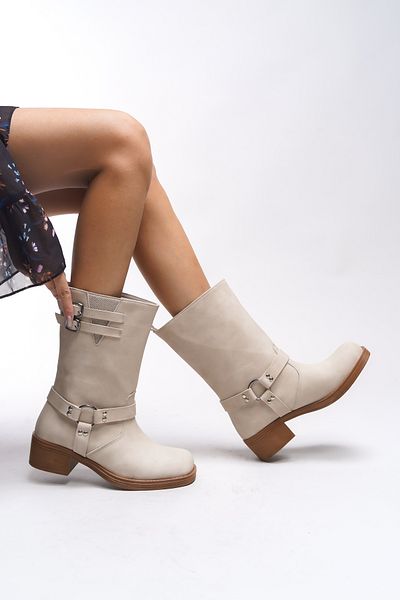Riccon Galmicca Kurze Biker-Stiefel für Damen – Schnallendetail, Matte Beige 00123022