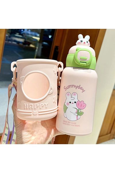 GÜVEN 500ml Stainless Steel Thermal Water Bottle for Children's School with Cute Thermos Feature Pink PROTECTED-