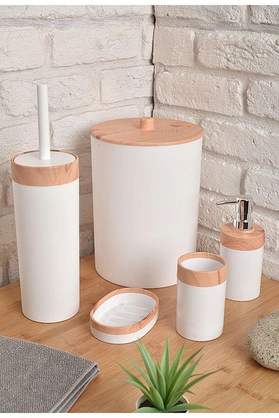 safestore Set de baie cu model Limpia Bamboo din 5 piese - Coș de gunoi, săpun lichid, cutie pentru periuță de dinți