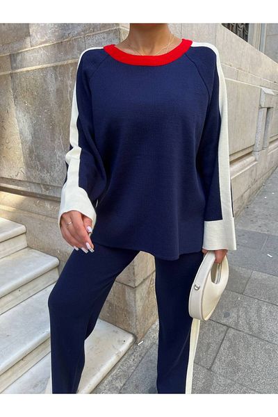 LB Laluna Butik Σετ γυναικείο πλεκτό πουλόβερ και παντελόνι με ριγέ λαιμόκοψη