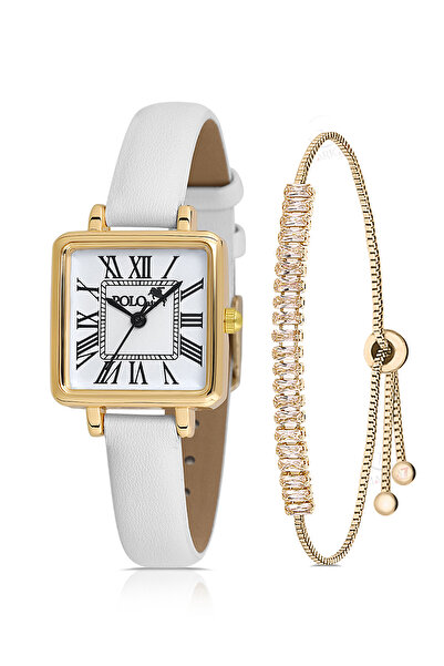 Polo Air Kare Kasa Deri Kordon Kadın Kol Saati Zirkon Taşlı Baget Bileklik Be...