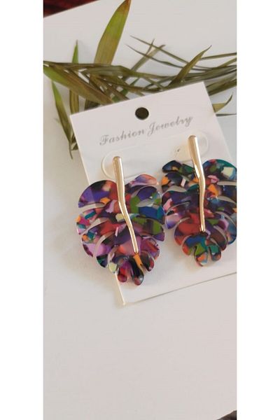 Feride Vintage Steel Earrings - Porcelain Leaf Detail, Vip Series, Antiallergic Tarnish Color Earrings