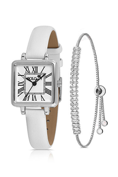 Polo Air Kare Kasa Deri Kordon Kadın Kol Saati Zirkon Taşlı Baget Bileklik Be...