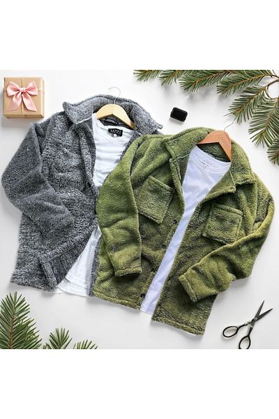 Fifty Color Unisex Πουκάμισο Ζακέτα από βελούδινο φλις γκρι και χακί