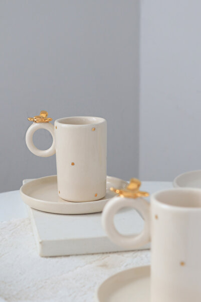 ada mia seramik Bird Figured 2-Piece 24K Gold Decorated Handmade Ceramic Cup Set 120ml