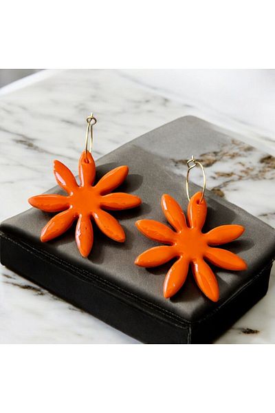 Kutcha Accessories Vibrant and Stylish Orange Flower Pattern Earrings - Handmade