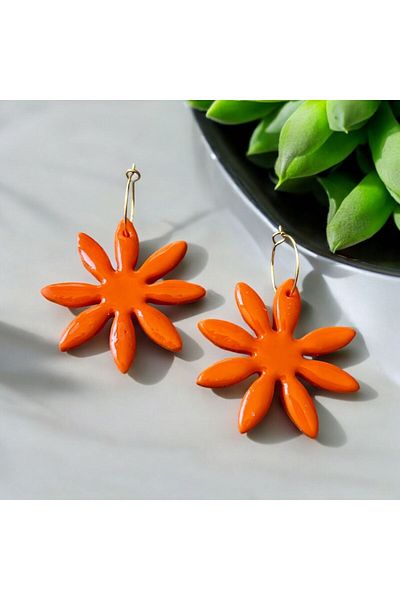 Kutcha Accessories Vibrant and Stylish Orange Flower Pattern Earrings - Handmade