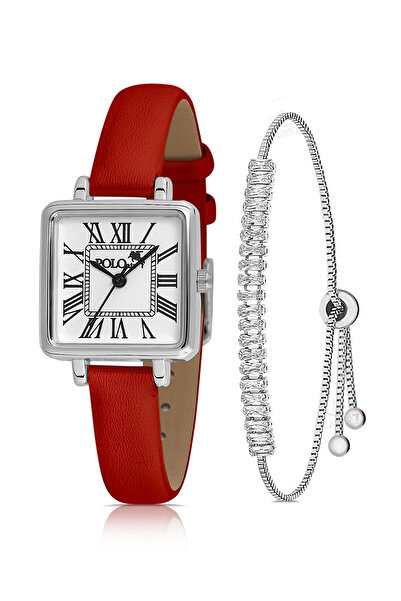 Polo Air Kare Kasa Deri Kordon Kadın Kol Saati Zirkon Taşlı Baget Bileklik Kı...